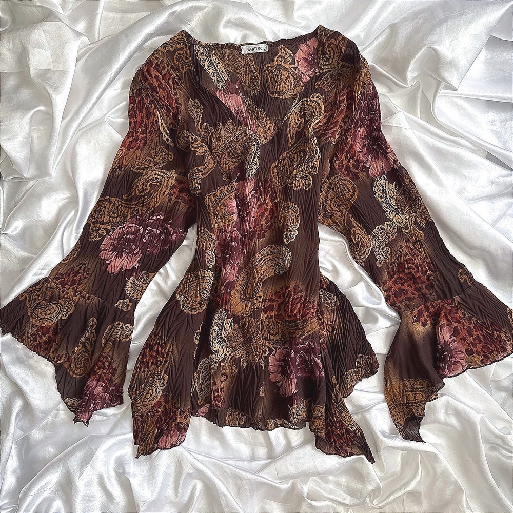 Jaipur Womens Brown Paisley Floral Crinkle Blouse V-Neck Bell Sleeve Top M